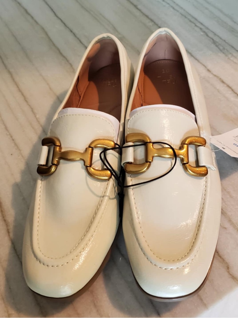 Time and Tru Faux Leather Loafers, Gold Horsebit Buckle, Cream Sz 10, NWT